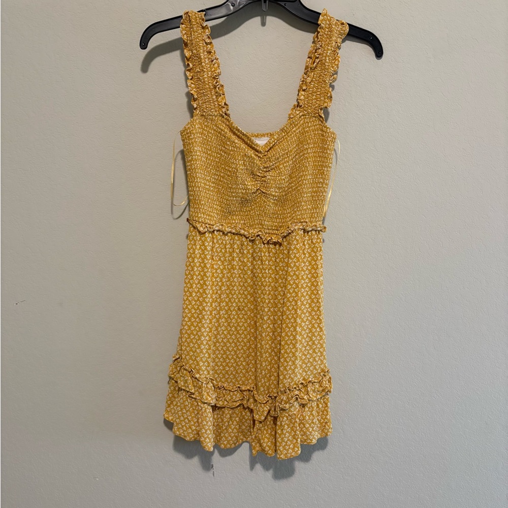 Skylar + Madison Mustard Yellow ruched ruffle dress